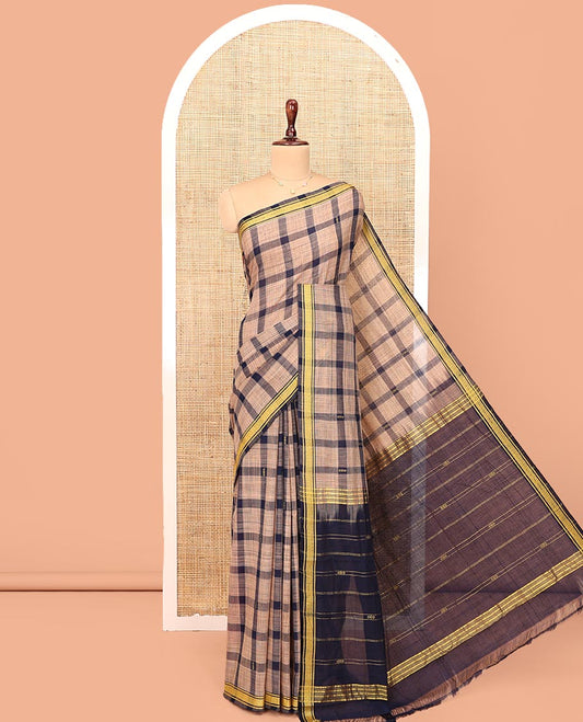 Dark Blue Andhra Cotton Saree, Woven with Big Checked Design All Over Its Body, Subtly Sparked with a Traditional Border, Pallu of Stripes, and Paired with a Matching Blouse
