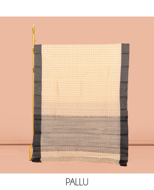 Cream Semi-Silk Cotton Saree, Subtly Sparkled with Checks All Over Its Body, Complemented by a Contrast Border, Striped Pallu, and Paired with a Matching Blouse