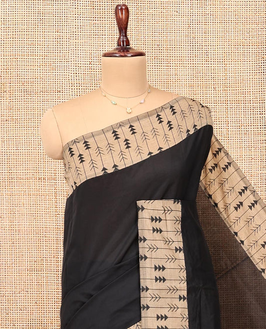 Black Plain Poly Cotton Saree,  a Contrast Arrow-Stripes Printed Border, Arrow-Stripes Printed Pallu, and a Contrast Blouse