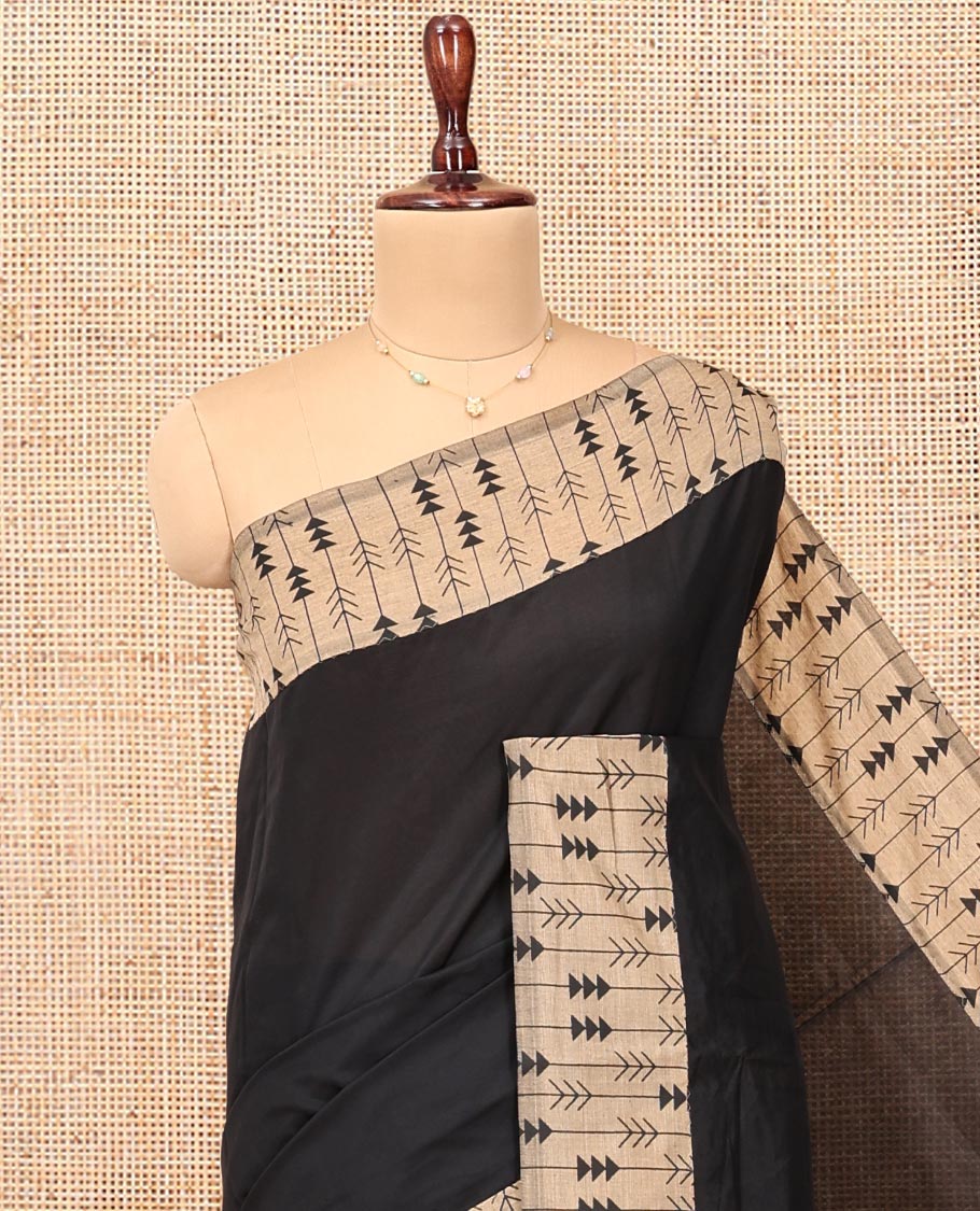 Black Plain Poly Cotton Saree,  a Contrast Arrow-Stripes Printed Border, Arrow-Stripes Printed Pallu, and a Contrast Blouse