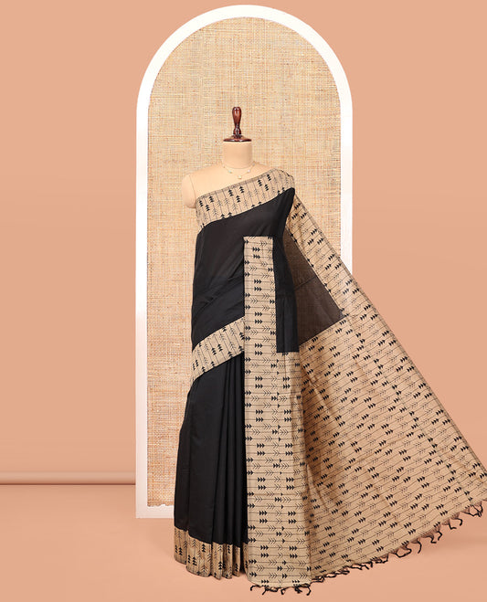 Black Plain Poly Cotton Saree,  a Contrast Arrow-Stripes Printed Border, Arrow-Stripes Printed Pallu, and a Contrast Blouse