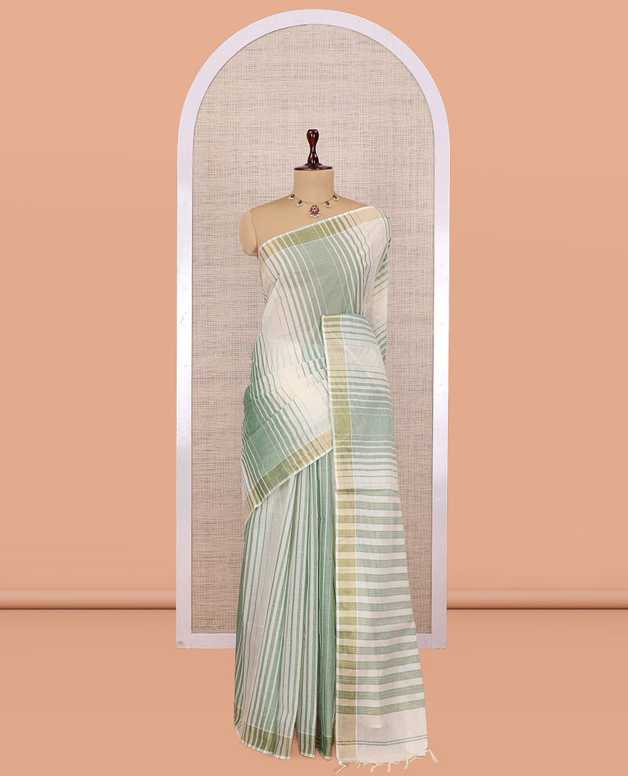 Cream-Green Jute Cotton Saree