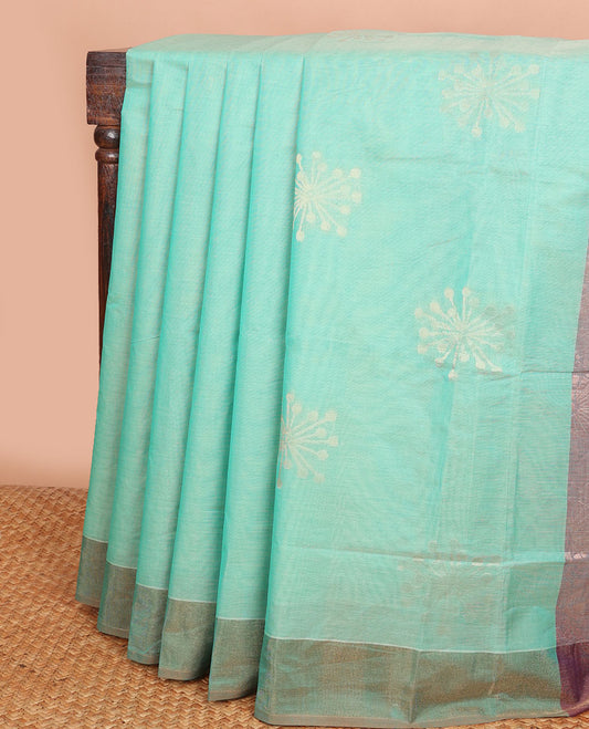 Green unique buttas Combatiore cotton saree, contrast plain border & contrast zari design pallu
