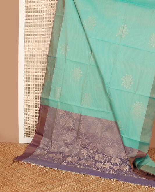 Green unique buttas Combatiore cotton saree, contrast plain border & contrast zari design pallu