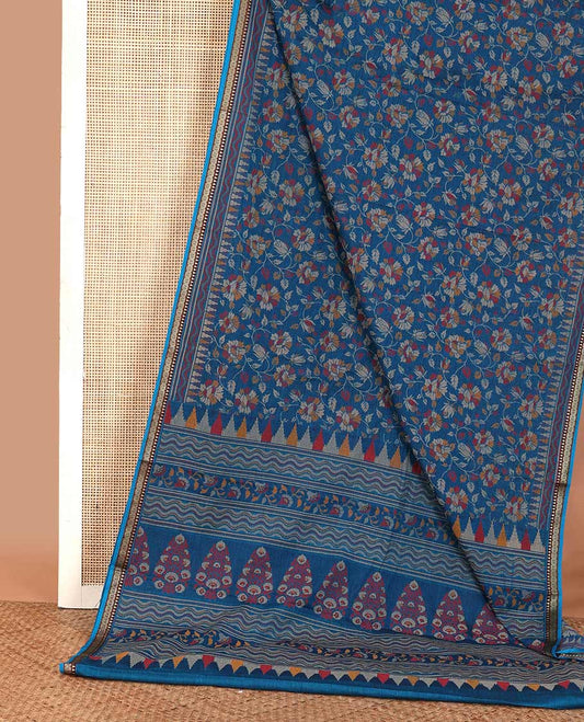 Blue floral vine printed mul mul cotton saree, traditional motifs thread woven border, and pallu printed with floral and geometric motifs