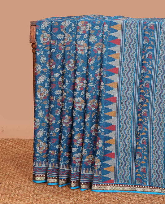 Blue floral vine printed mul mul cotton saree, traditional motifs thread woven border, and pallu printed with floral and geometric motifs