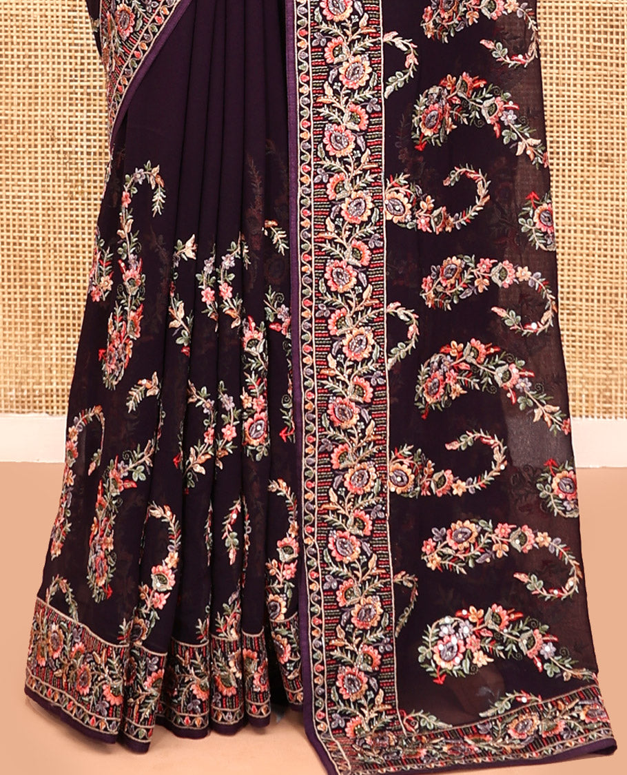 Purple Georgette Designer Saree Features Color-Thread Paisley Embroidery, Matching Blouse