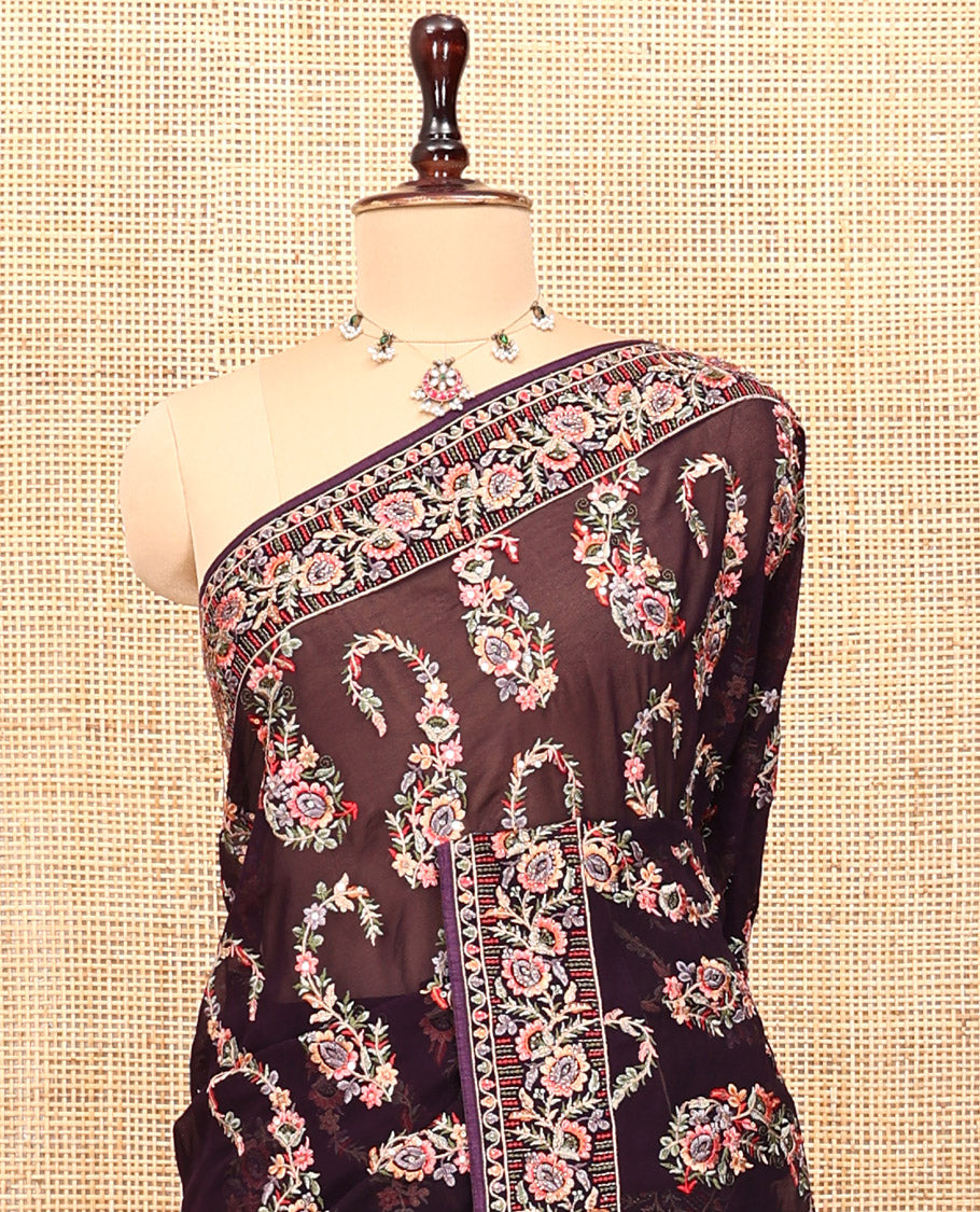 Purple Georgette Designer Saree Features Color-Thread Paisley Embroidery, Matching Blouse