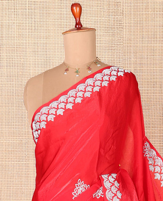 Red stone embroidered motifs designer saree, stone embroidered border