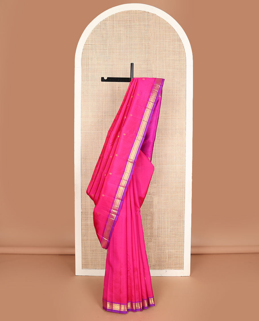 Pink zari buttas kanchipuram silksaree, contrast one-sided banaras & diamond design border & pallu of stripes & zari buttas