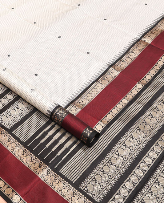 White micro-checks & buttas kanchipuram silksaree,contrast rettai pettu border of salngai,banaras,mayil & rudraksham & seppu rekku pallu