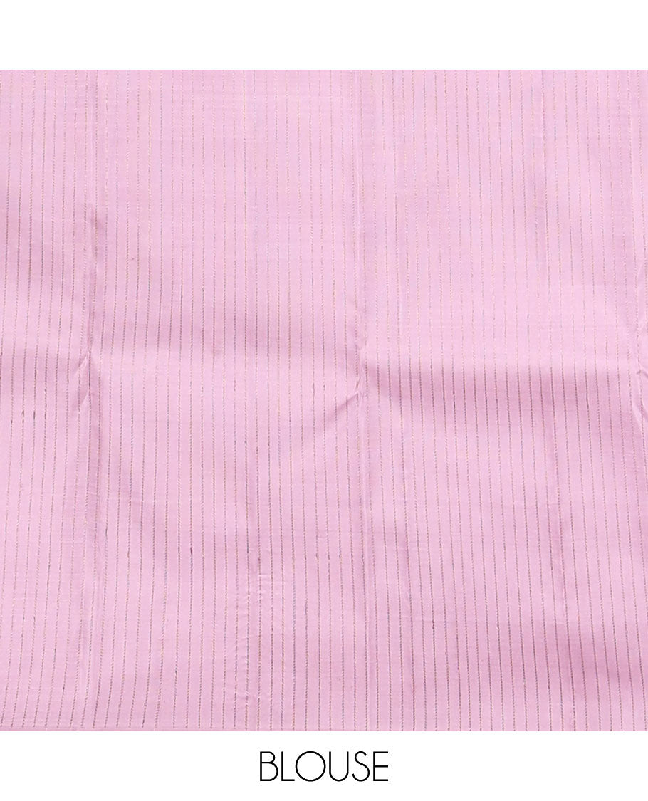 Borderless pink zari buttas Kanchipuram silk saree, self-pallu of rekku,kathir,rudraksham,vanki & mayil kann