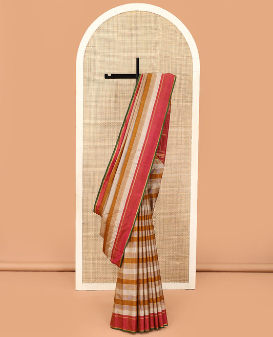 Multi-colored striped and zari muthu striped Kanchipuram silk saree, contrast bodi border of zari stripes, and pallu of thazampoo rekku designs