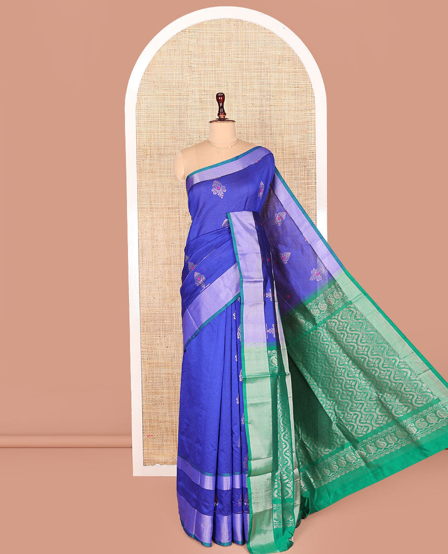 Blue Kuppadam Cotton Saree, Adorned with Meena Buttas All Over Its Body, Complemented by a Bavanji Border, Captivating Contrast Pallu of Ogee Patterns, and Paired with a Contrast Blouse