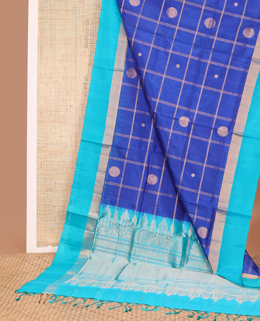 Blue checked, floral motifs mayuri soft silk saree with contrast zari border & floral design pallu