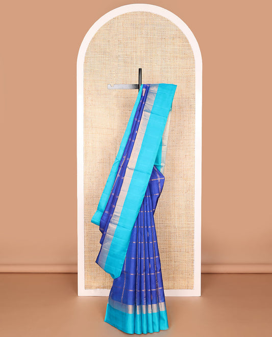 Blue checked, floral motifs mayuri soft silk saree with contrast zari border & floral design pallu