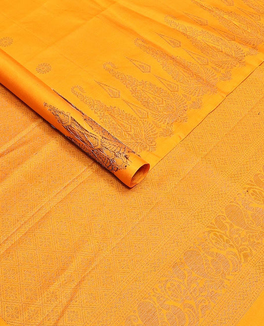 Borderless yellow zari buttas soft silk saree, zari woven pallu of jaal design