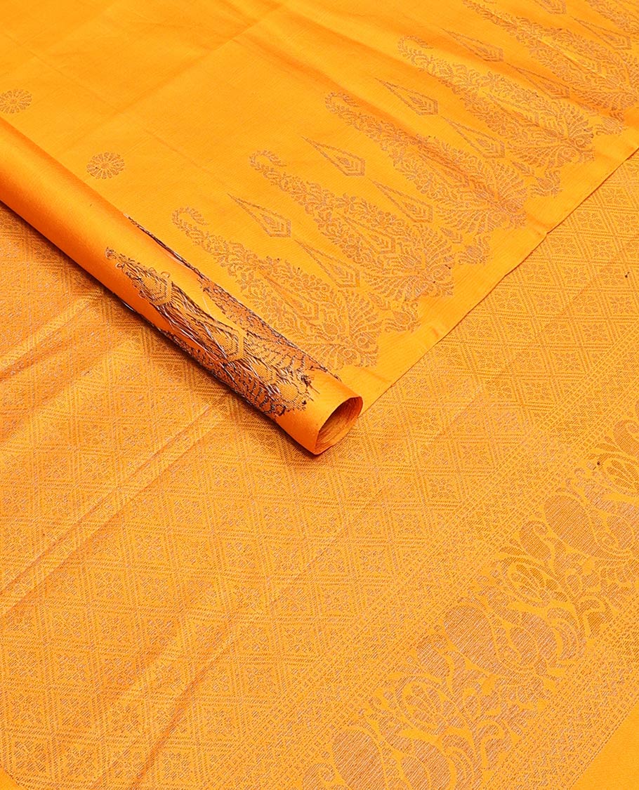 Borderless yellow zari buttas soft silk saree, zari woven pallu of jaal design