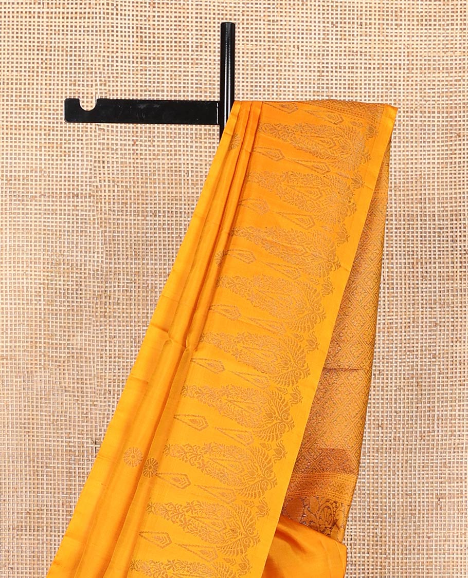 Borderless yellow zari buttas soft silk saree, zari woven pallu of jaal design