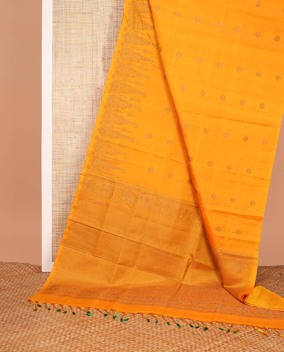 Borderless yellow zari buttas soft silk saree, zari woven pallu of jaal design