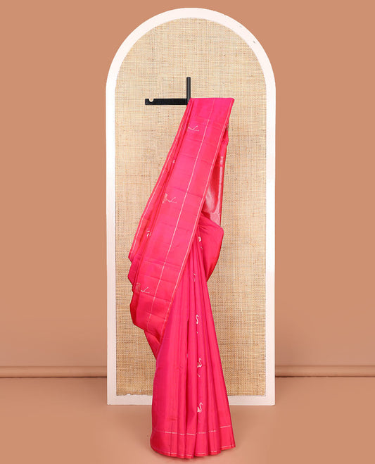 Pink flamingo zari buttas soft silk saree, zari striped border, and zari-rich jaal pallu