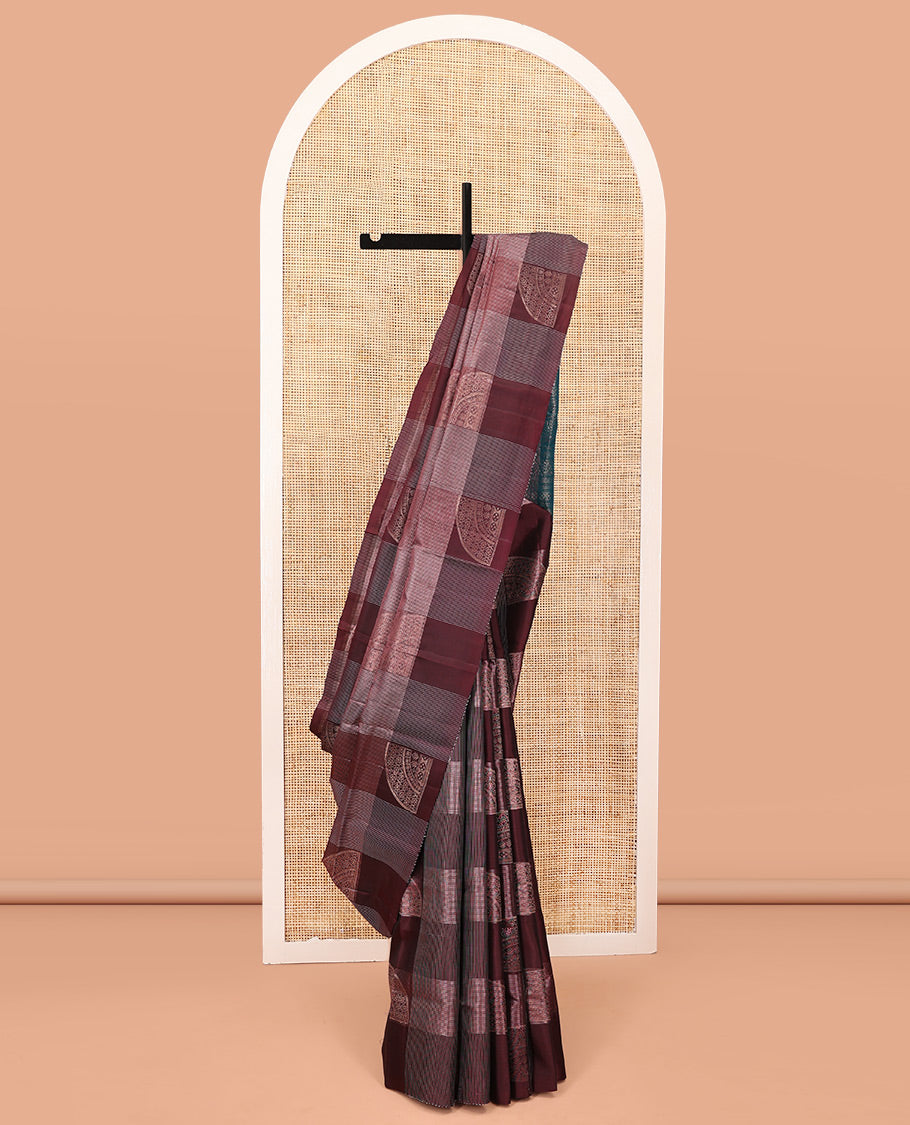 Borderless Maroon Mayuri Lite Silk Mix Saree, Majestically Detailed with Zari Buttas and Checks on Its Body, Complemented by a Contrast Pallu of Intricate Designs, and Paired with a Contrast Blouse