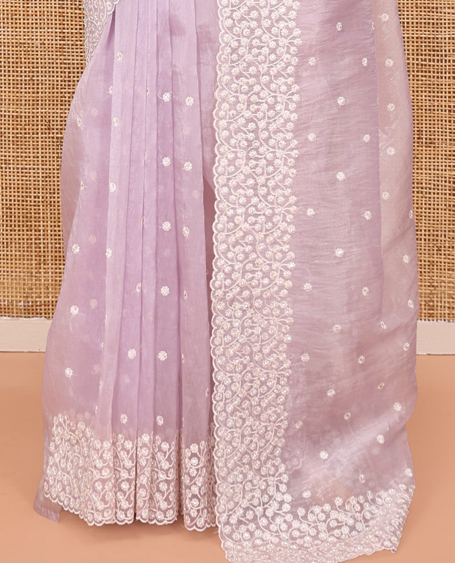 Pale Lavender Organza Saree, Finely Crafted with Flower-Embroidered Motifs, a Scallop Floral Embroidered Border, and a Matching Blouse