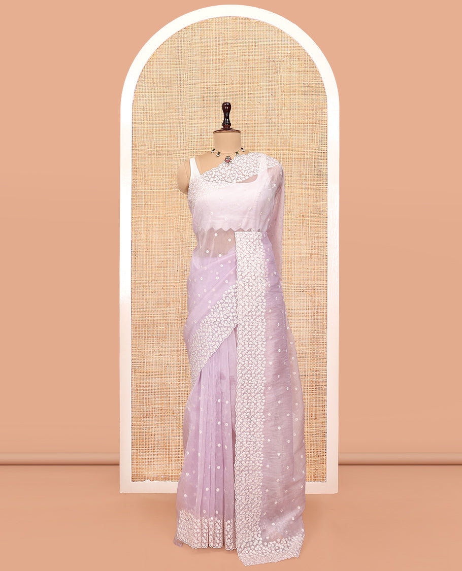 Pale Lavender Organza Saree, Finely Crafted with Flower-Embroidered Motifs, a Scallop Floral Embroidered Border, and a Matching Blouse