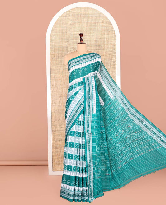Blue Odisha Cotton Saree, Adorned with Butta Enclosed Checks and Temple Designs All Over the Body, Subtly Woven Border, Pallu Depicts Geometric Patterns, and Has No Blouse