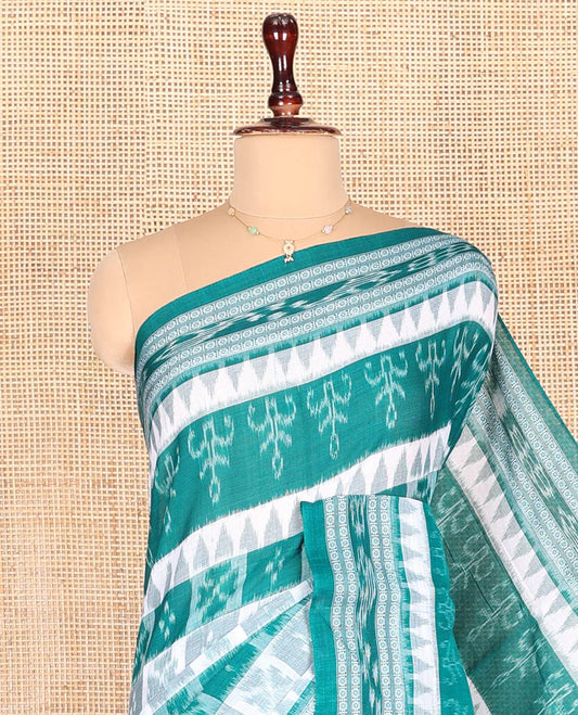 Blue Odisha Cotton Saree, Adorned with Butta Enclosed Checks and Temple Designs All Over the Body, Subtly Woven Border, Pallu Depicts Geometric Patterns, and Has No Blouse