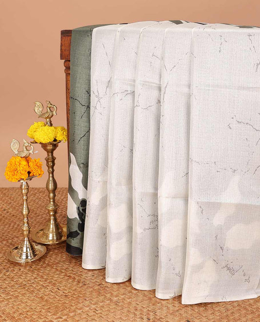 Cream with olive green  marble print big flower patti design khadi tussar cotton saree with contrast blouse