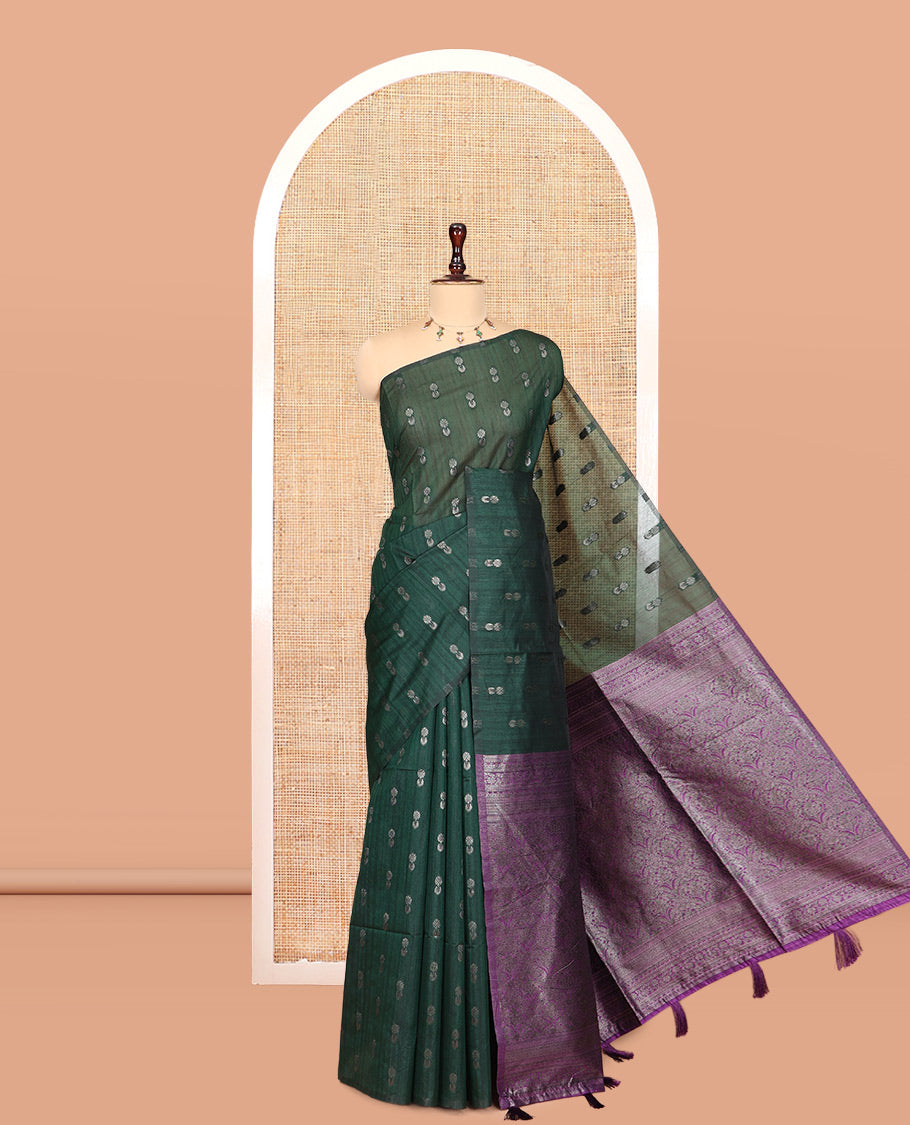Borderless Bottle Green Jute Cotton Saree, Adorned with Zari Buttas, Contrast Intricate Pallu, a Contrast Blouse