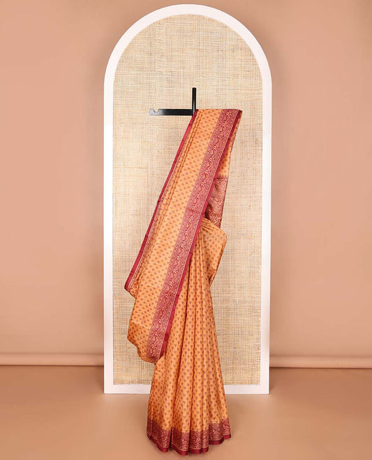Light brown lotus design printed silk saree with contrast floral design border & floral design pallu