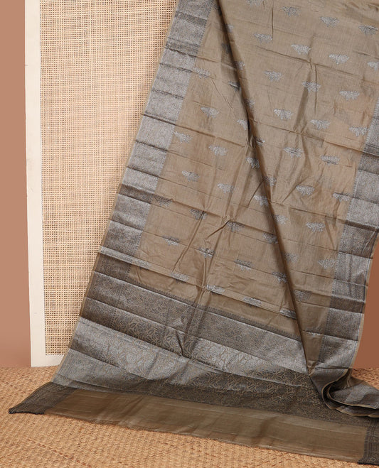 Grey zari buttas tussar saree, zari border of floral designs & pallu of floral design