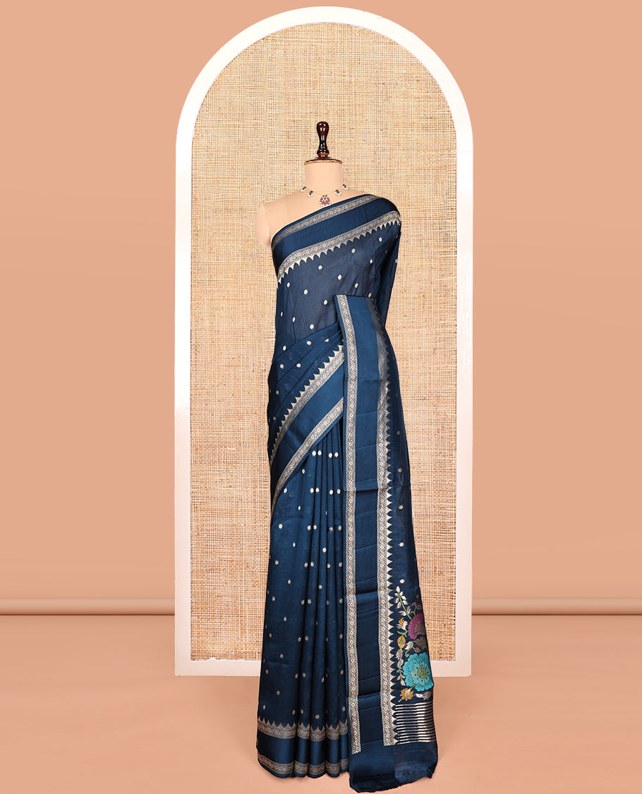 Blue Matka Silk Saree, Accentuated with Buttas All Over Its Body, Highlighted by Temple Rettai Pettu Border, Pallu of Meenakari Flora Designs, and Paired with a Matching Blouse