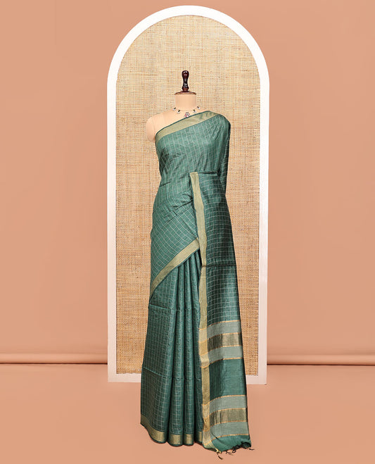 Green Tussar Silk Saree, Crafted with Checks, a Subtle Border, a Self-Pallu, and a Matching Blouse