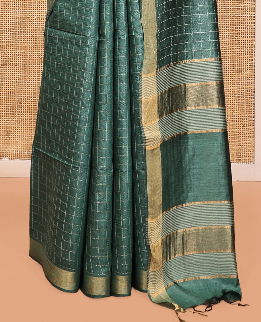 Green Tussar Silk Saree, Crafted with Checks, a Subtle Border, a Self-Pallu, and a Matching Blouse
