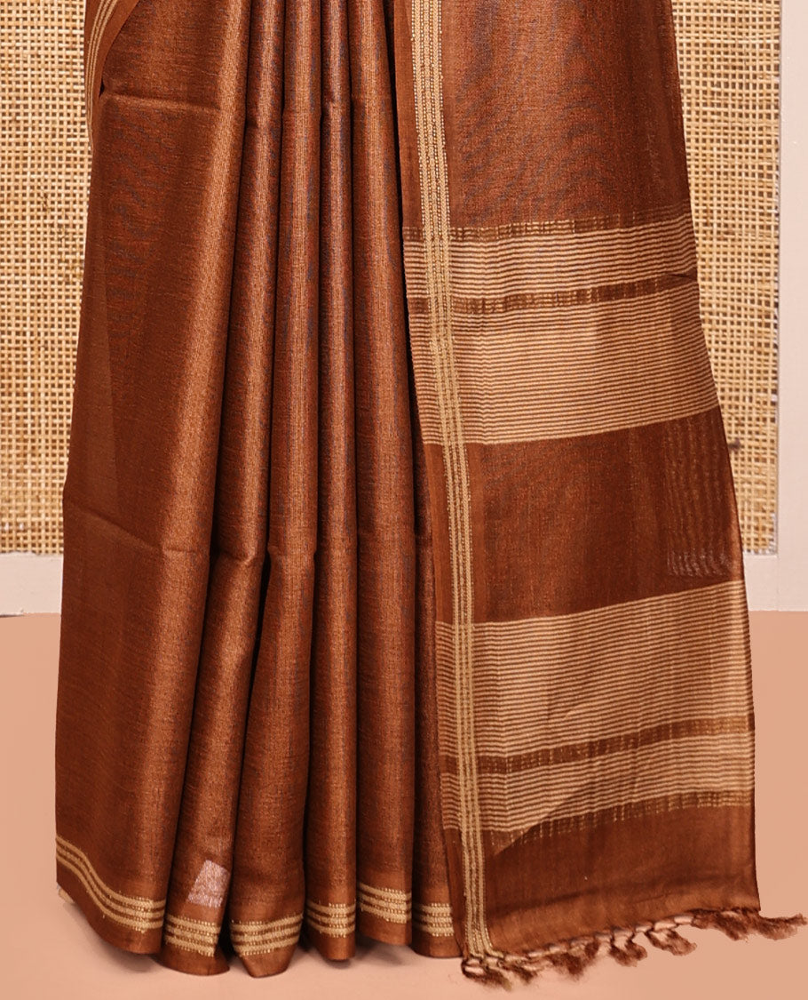 Brown Plain Tussar Silk Saree, a Piping Border, Self-Pallu of Stripes, and Matching Blouse