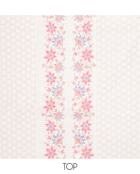 White chudidhar material set,floral print & embroidery cotton top,pink plain bottom & floral printed chiffon dupatta