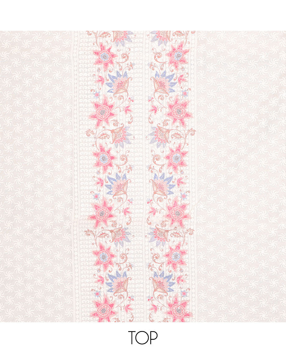 White chudidhar material set,floral print & embroidery cotton top,pink plain bottom & floral printed chiffon dupatta