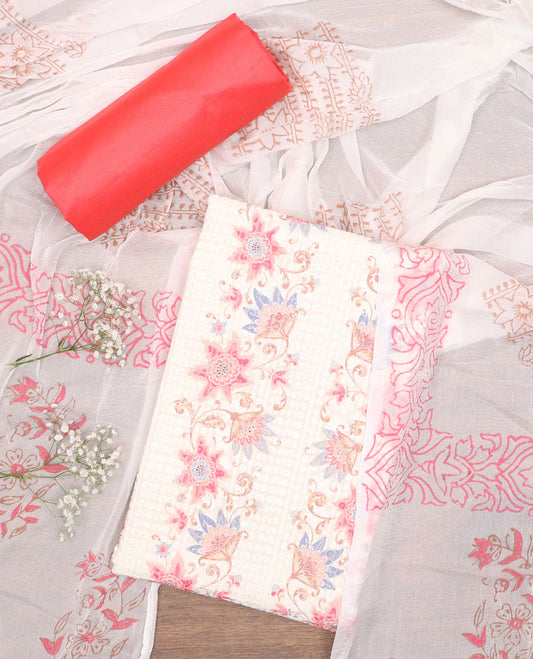 White chudidhar material set,floral print & embroidery cotton top,pink plain bottom & floral printed chiffon dupatta