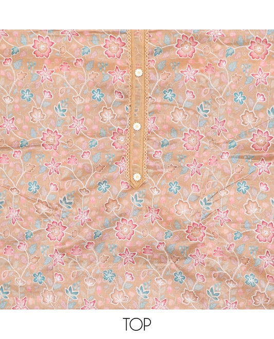 Orange chudidhar material set,floral vine design printed organza top,plain bottom & floral vine embroidery organza dupatta