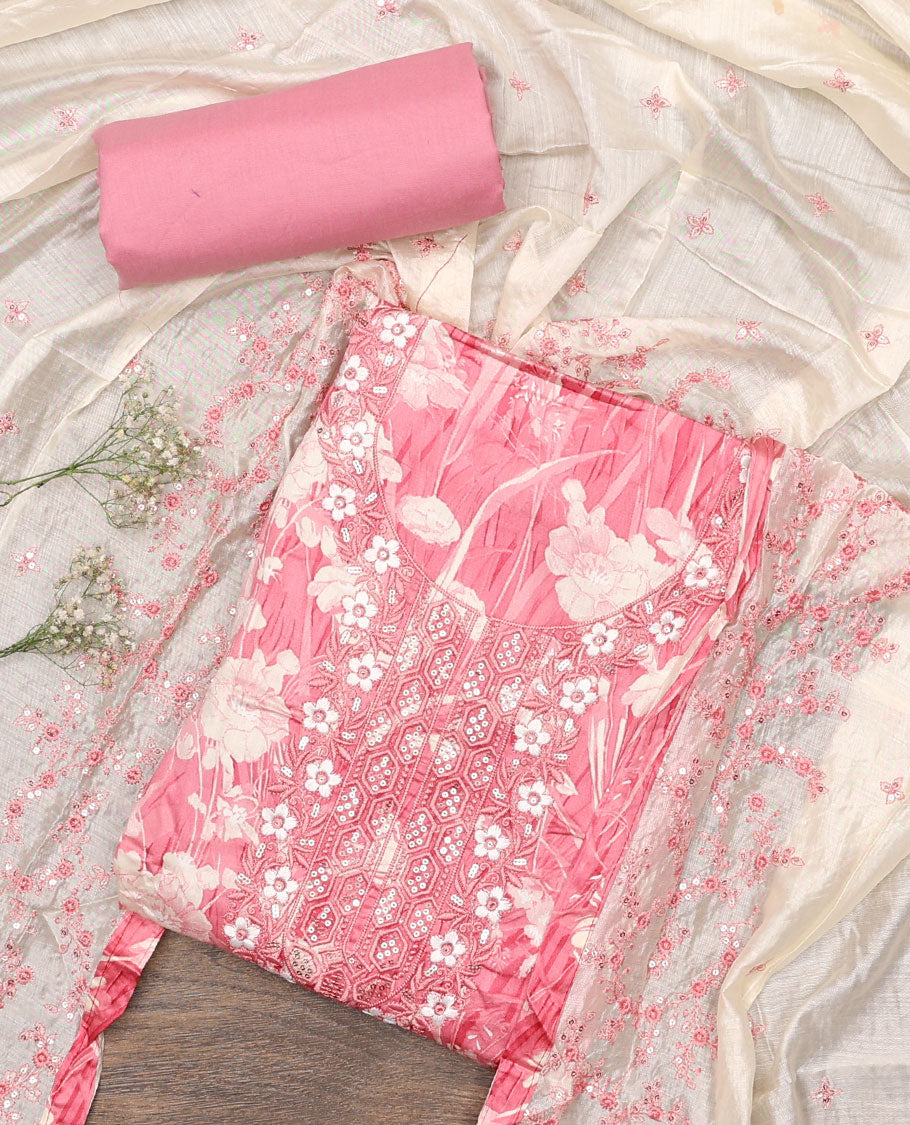 Pink material chudidar set, floral silhouette print and neck embroidered top, plain bottom, and floral jaal embroidered dupatta