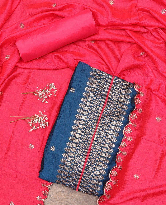 Blue material chudidar set, sequins and thread embroidered top, plain bottom, and scallop embroidered dupatta