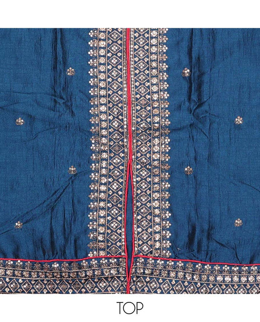 Blue material chudidar set, sequins and thread embroidered top, plain bottom, and scallop embroidered dupatta