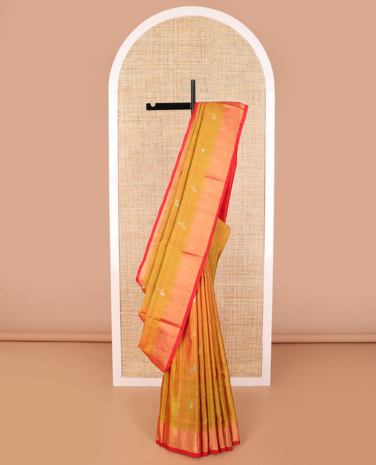 Mustard floral motifs uppada saree with contrast zari design border & striped, floral design pallu
