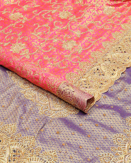 Pink jacquard floral embroidered silk saree, contrast stone embroidery scallop zari cutwork border & zari woven stone embroidery pallu