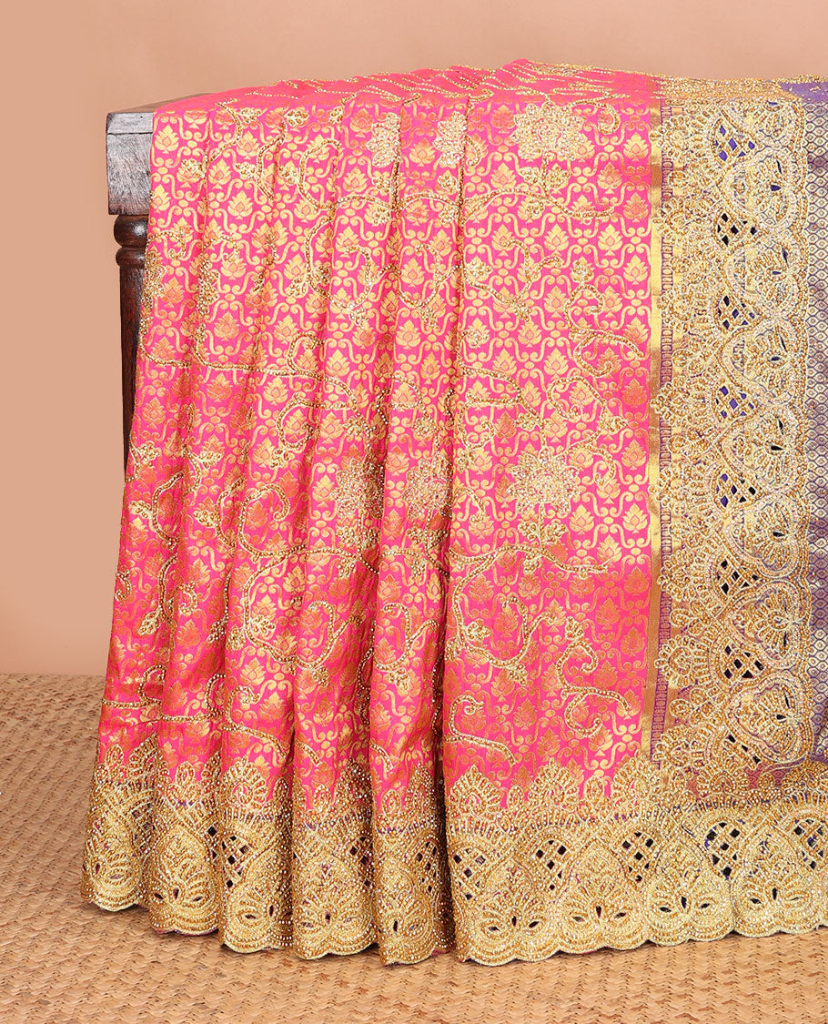 Pink jacquard floral embroidered silk saree, contrast stone embroidery scallop zari cutwork border & zari woven stone embroidery pallu