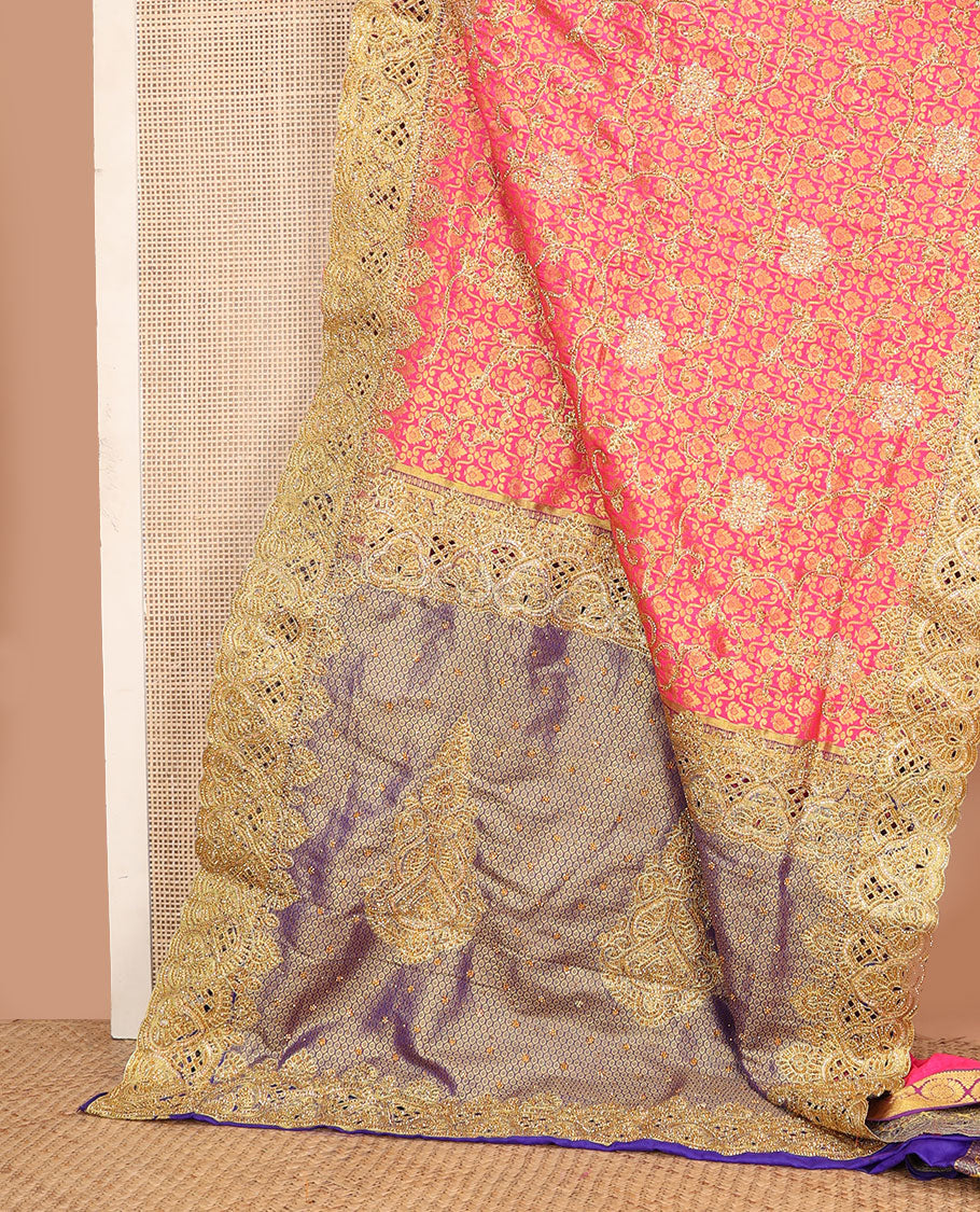 Pink jacquard floral embroidered silk saree, contrast stone embroidery scallop zari cutwork border & zari woven stone embroidery pallu