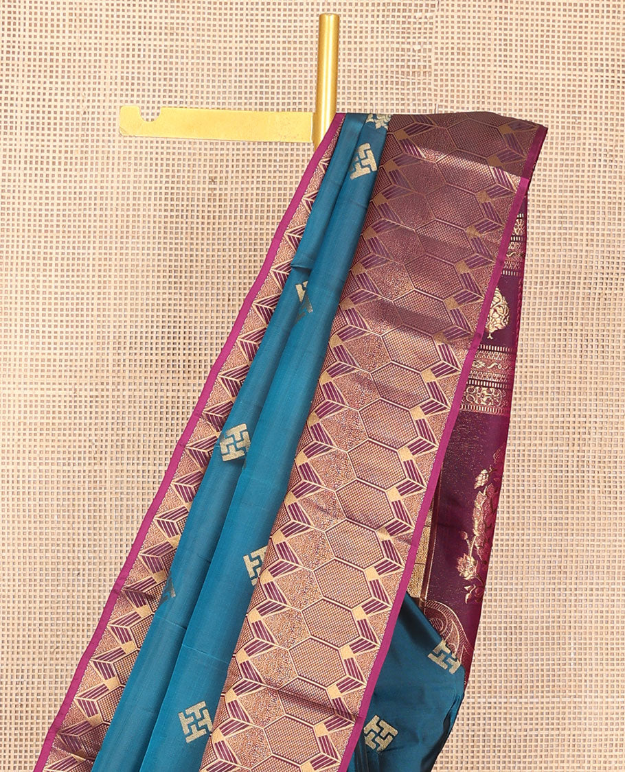 Blue zari buttas silk saree, contrast geometric border & pallu of floral & peacock designs